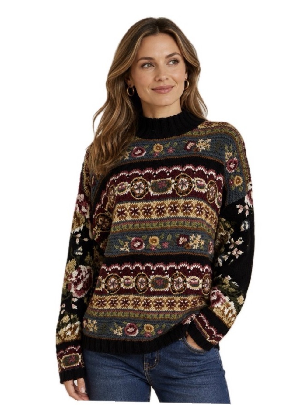 Jennifer & Company, Cottagecore Floral Fair Isle Ramie Blend Sweater, Size M